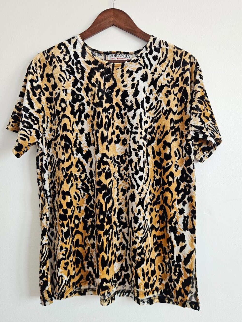 Vintage Amanda Paris London New York Cheetah Velour Blouse Top Short Sleeve XL